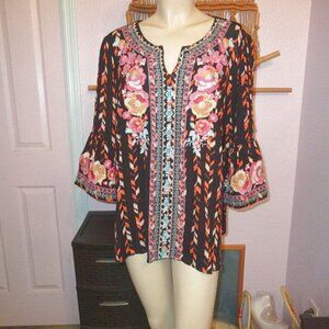 Savanna Jane Tunic Top Size 1X Embroidered Bell Sleeves Aztec Floral Artsy Boho